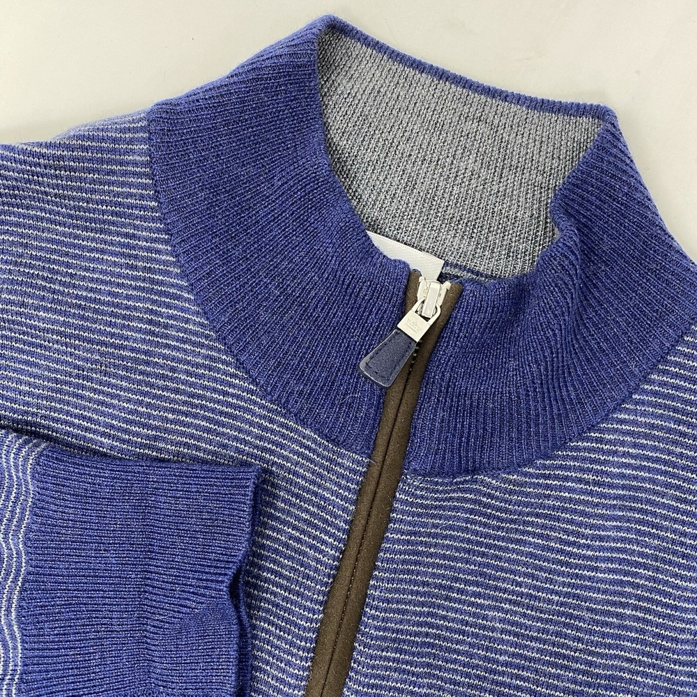 Peter Millar Sweater Mens Medium Blue Striped Merino Wool Quarter Zip Golf Logo